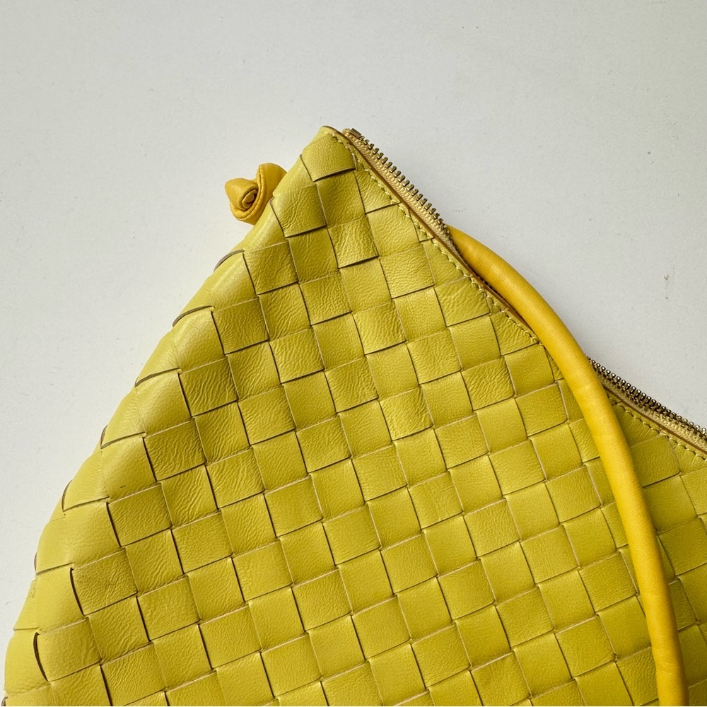 Yellow Intrecciato Woven Half Moon Leather Clutch Wristlet Top Handle Bag - Picture 8 of 16